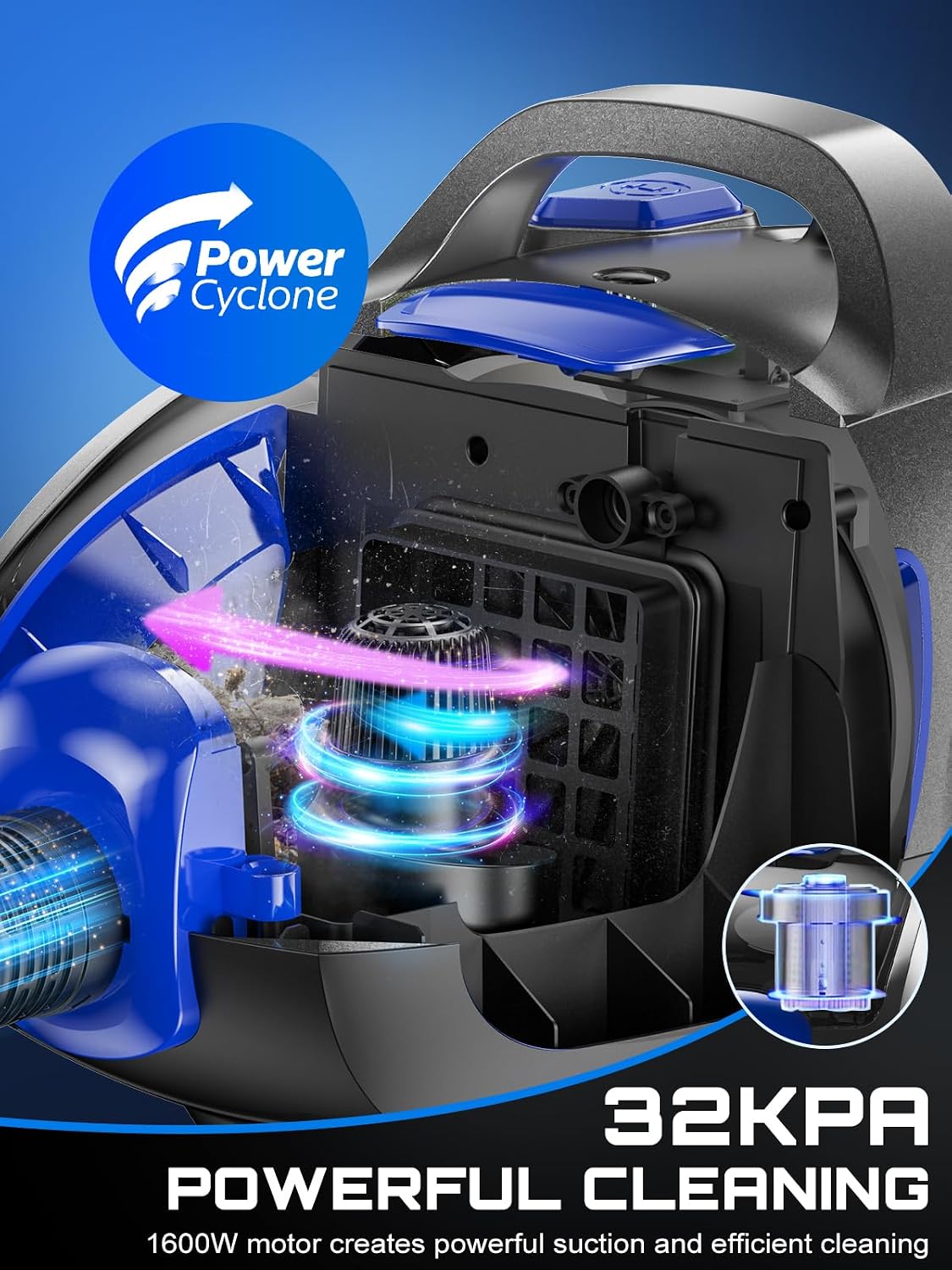 Canister Vacuum Cleaner, 32Kpa 1600W Cyclon Power Bagless Canister Vacuum Cleaners for Home, 3.7QT Large Dust Cup