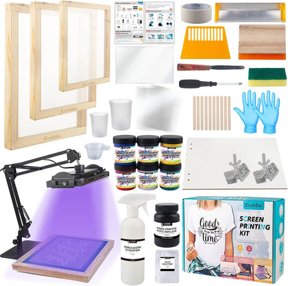 Screen Printing Kit 63pcs All-in-One Set with 50W LED UV Light, 3 Size Wood Screen Printing Frames, 6 Colors Screen