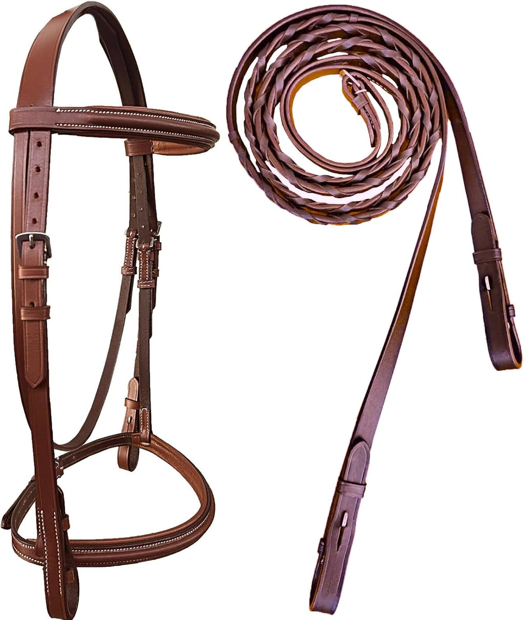 Padded Raised English Bridle, Premium Leather, Matching Laced Reins