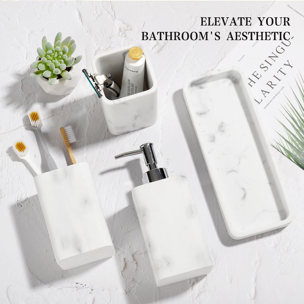 Bathroom Accessories Set, 4 Piece Toothbrush Holder Set Marble White | Bathroom Accessory Set with Soap Dispenser