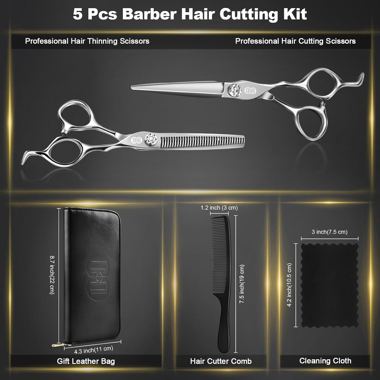 Professional Hair Cutting Scissors Kit, 440C 7″ Barber Shears Set | Pro Haircut Scissors Kit, Hairdressing Trimming