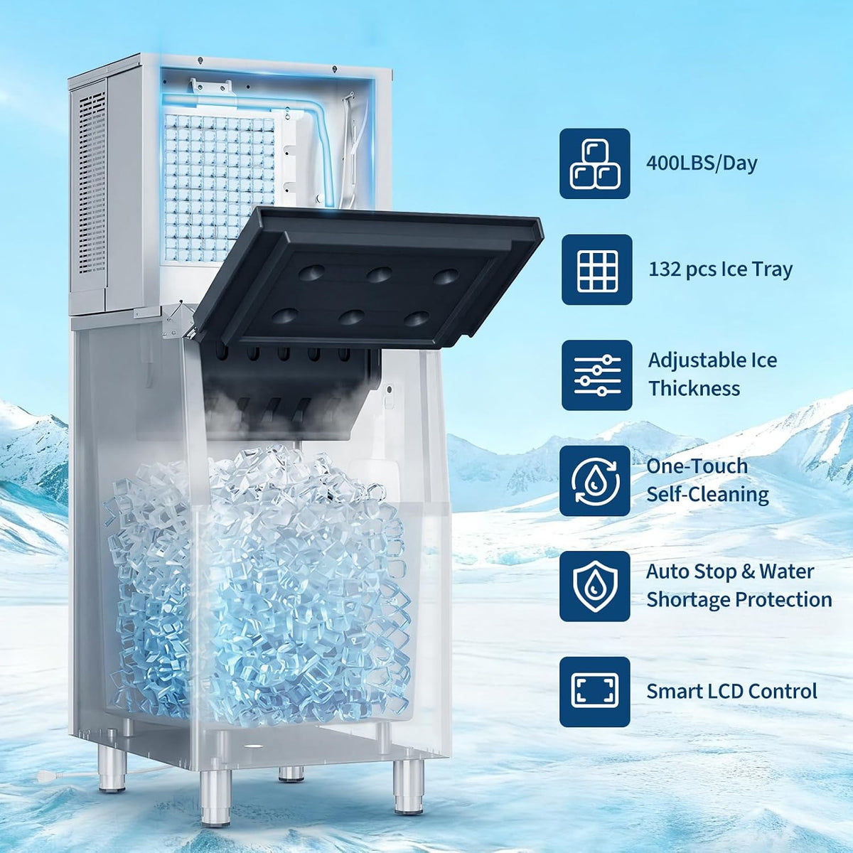 Commercial Ice Maker Machine, 400 Lbs/24H with 250 LBS Ice Bin Storage