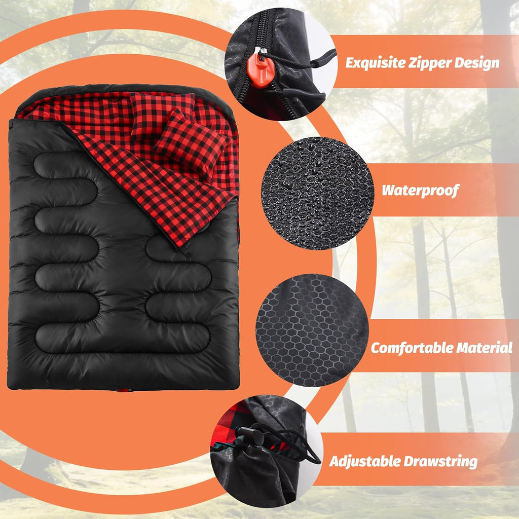 Double Sleeping Bag for Adults with 2 Pillows, Big&Tall XL Queen Size Sleeping Bag for 2 Person, Waterproof 2 Person