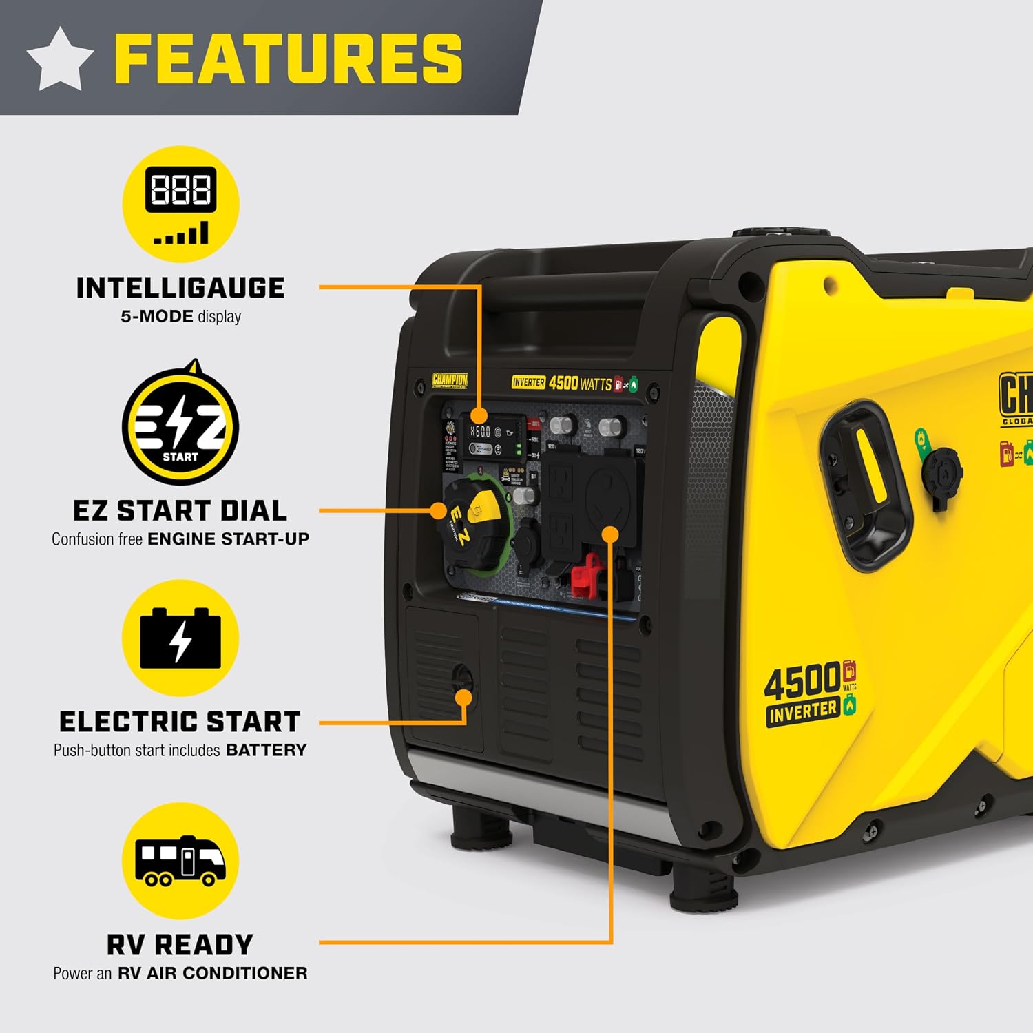 4500-Watt Electric Start Dual Fuel RV Ready Portable Inverter Generator with Quiet Technology and Free 3-Year Warranty