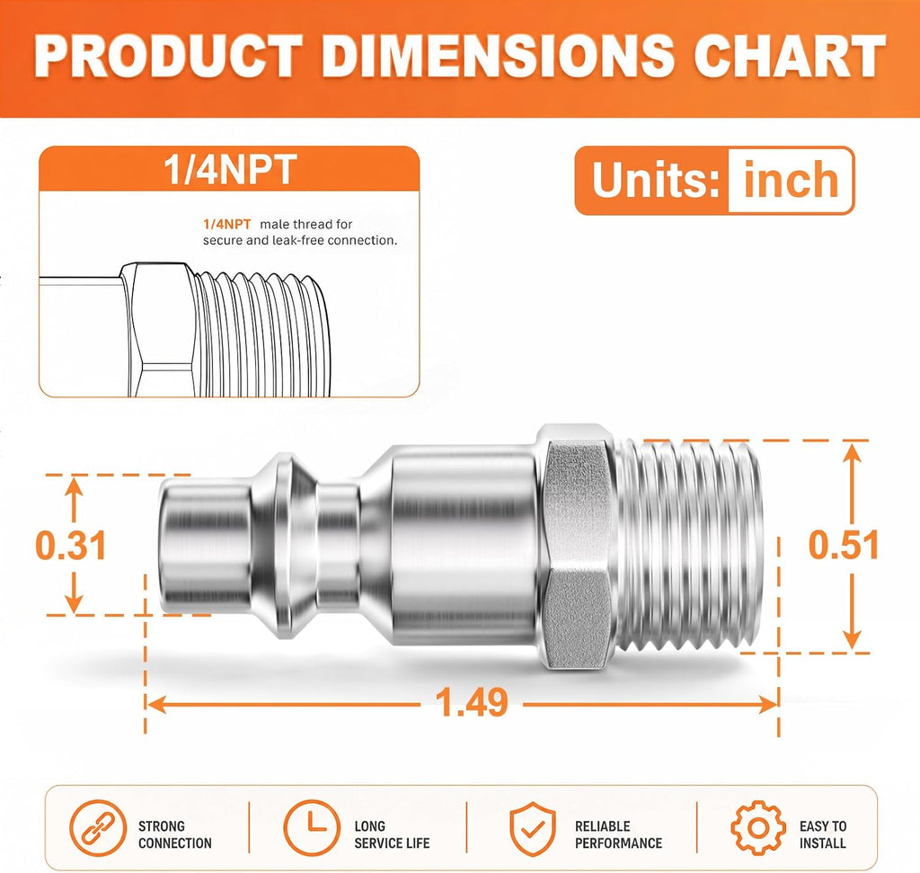 GASHER 10PCS 1/4" MNPT x 1/4" Flow 304 Stainless Steel Industrial Air Plug