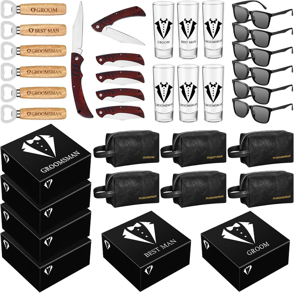 36 Pieces Groomsmen Gifts Set of 6, Groomsmen Proposal Box with Shot Glasses Sunglasses PU Leather Toiletry Bag Wood