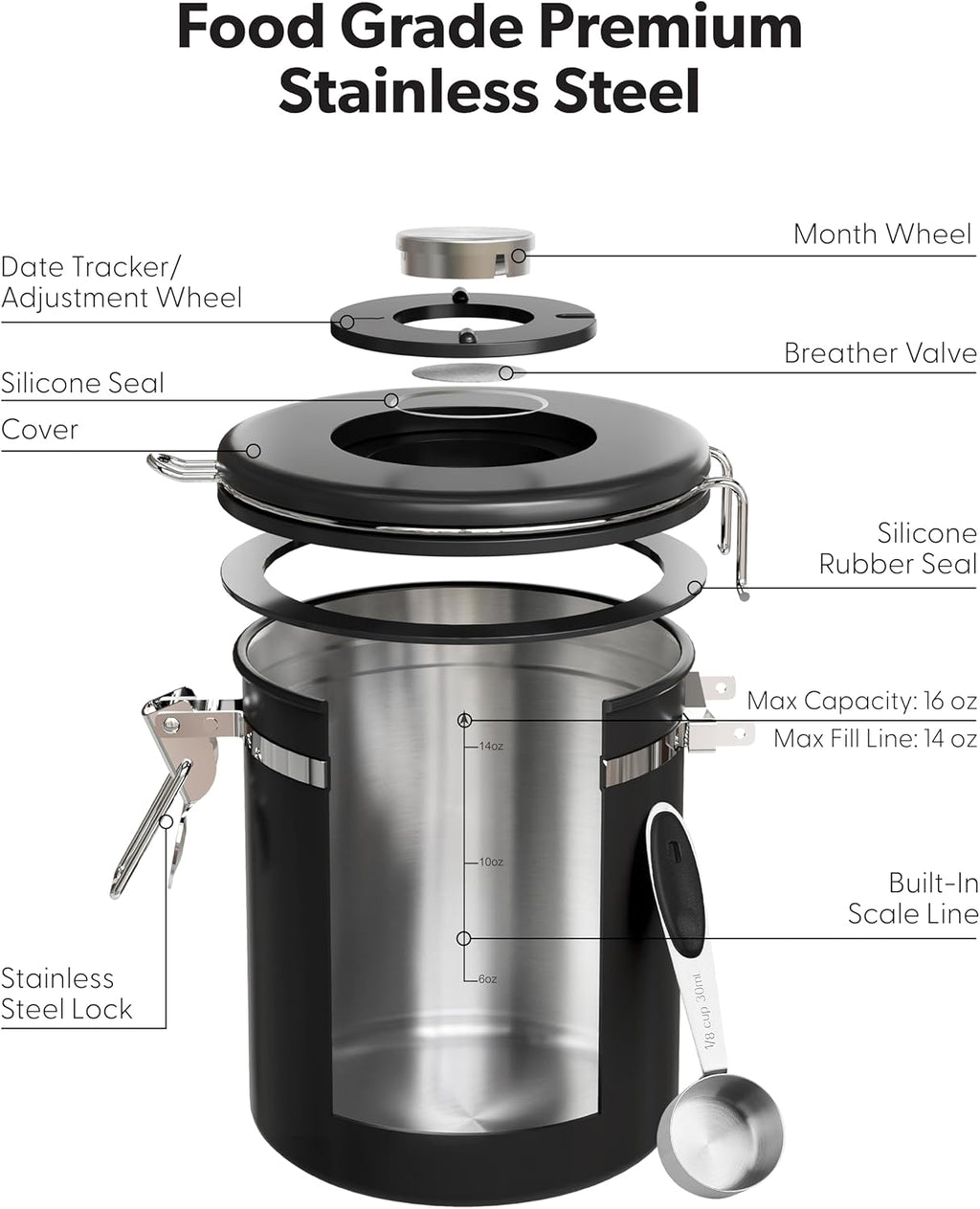 Coffee Canister with Window, Airtight Stainless Steel Container, 16OZ | Kitchen Food Storage Pantry Organizers for