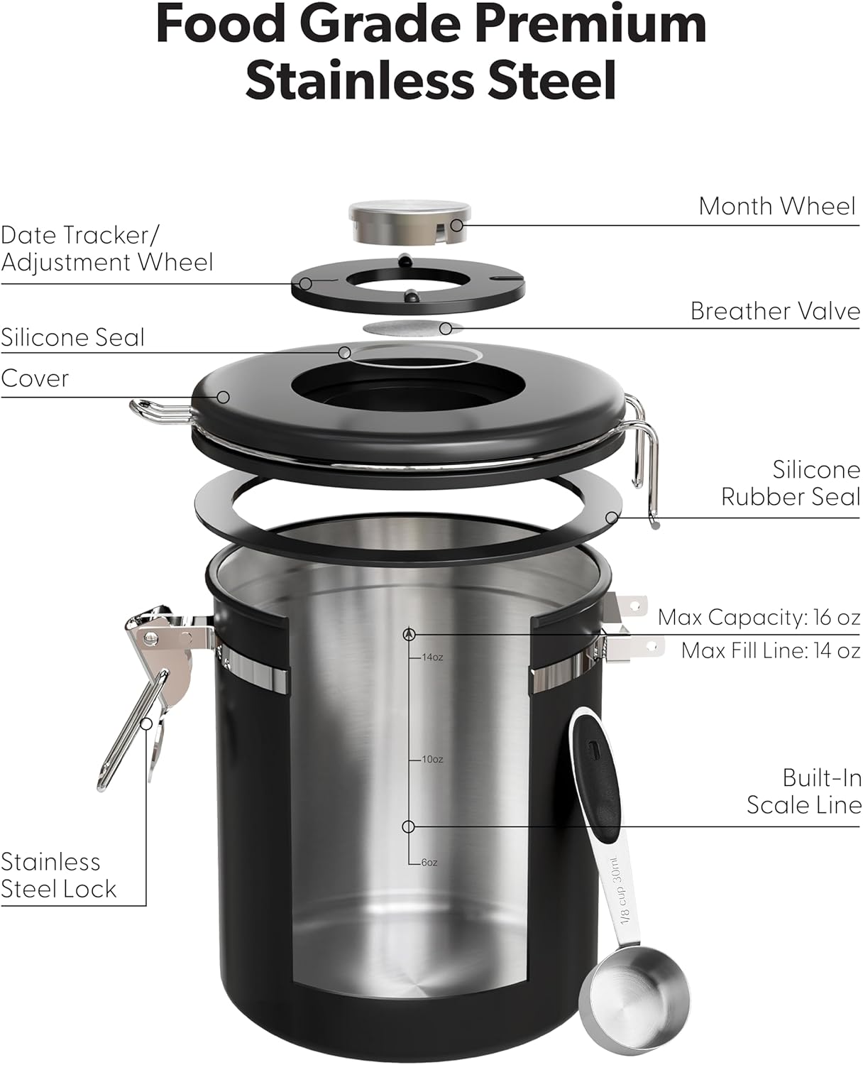Coffee Canister with Window, Airtight Stainless Steel Container, 16OZ | Kitchen Food Storage Pantry Organizers for