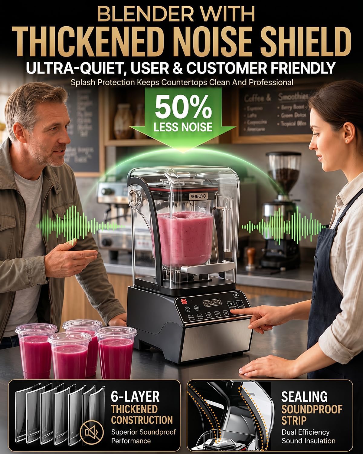 Quiet Blender, 80 oz Commercial Countertop Blender with Noise-Reducing Shield, 2200W Pure Copper Motor, 46000RPM, 6