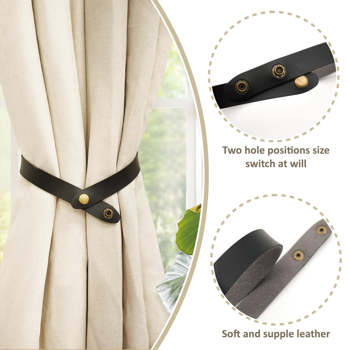 PU Leather Curtain Tiebacks, No Drill Holdbacks, Black, 4 Pack