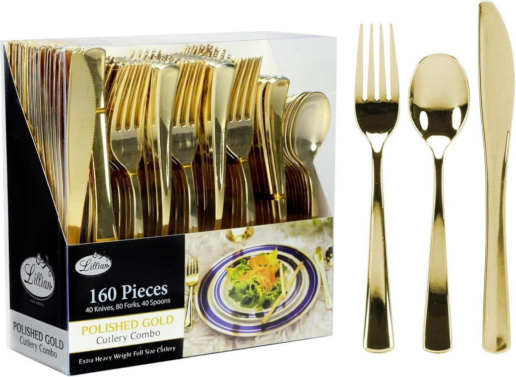 Gold Plastic Silverware Set, 160 Count, Extra Heavy Duty Flatware, Disposable Cutlery Utensils, 80 Forks, 40 Spoons