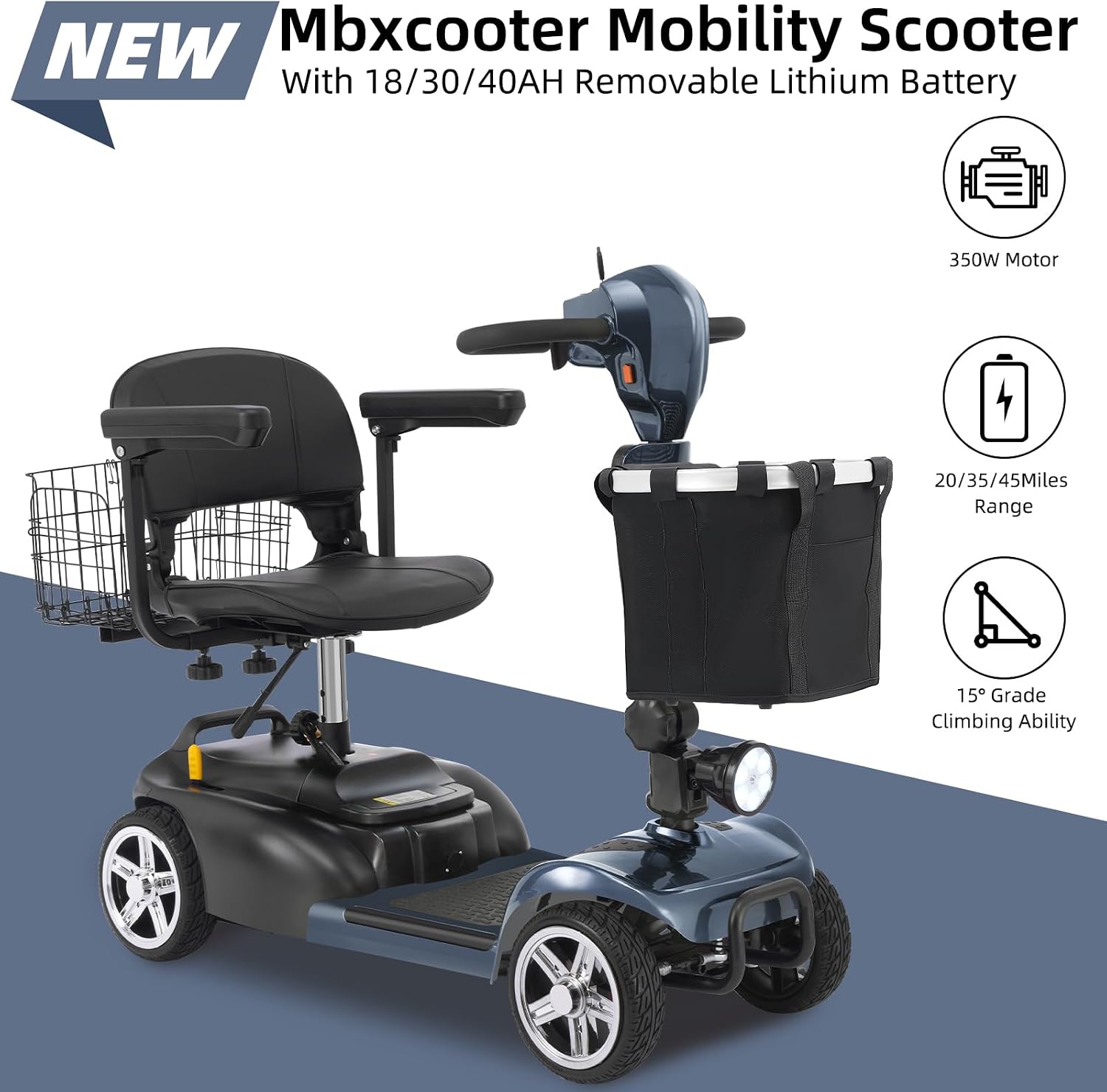 20 Miles 4 Wheels Mobility Scooter for Seniors/Adults Up to 300LBS,350W Electric Wheelchair Detachable Lithium