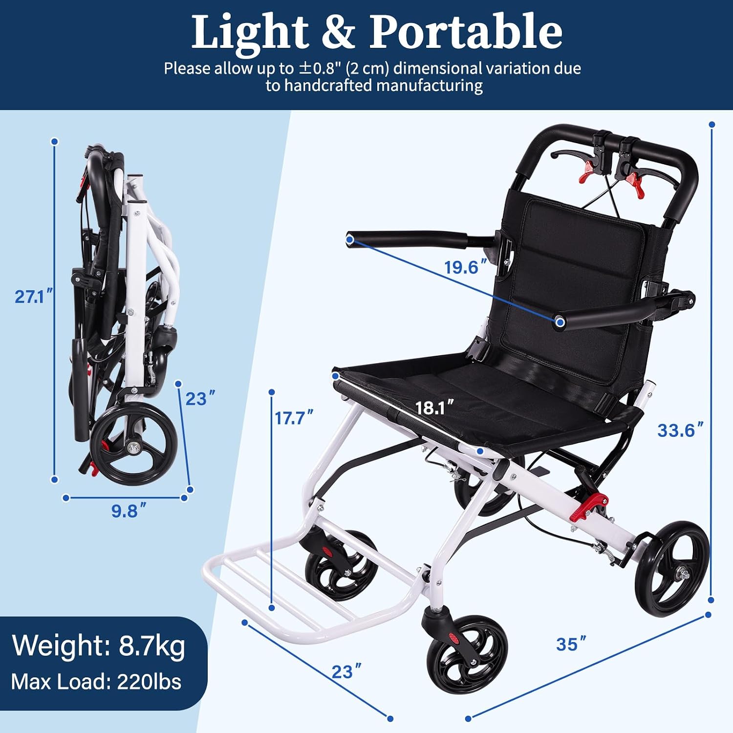 Lightweight Transport Wheelchair for Adults & Seniors, 19 lbs Foldable Travel Wheelchair with 18.1" Wide Seat