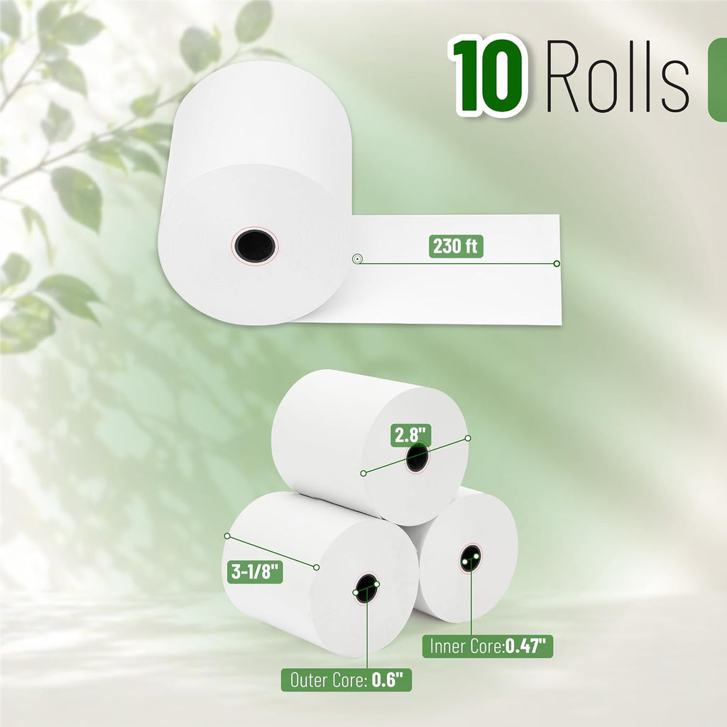 Thermal Paper Receipt Rolls, 10 Pack, 3-1/8” (80mm) x 230 ft | 48 GSM Premium Quality Receipt Paper Rolls, BPA-Free