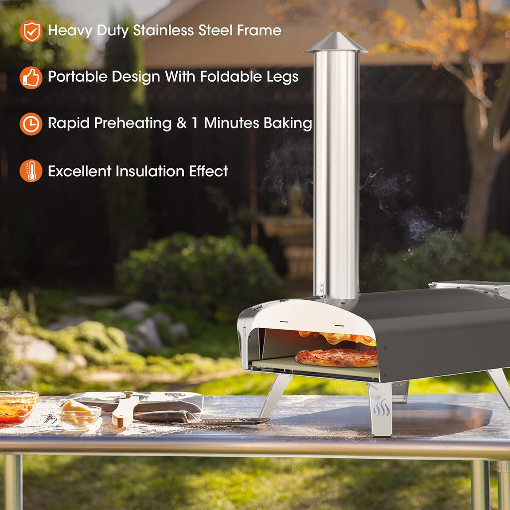 12" Wood Pellet Pizza Oven Outdoor 35 Lbs – 60 Sec Bake, Stone/Peel