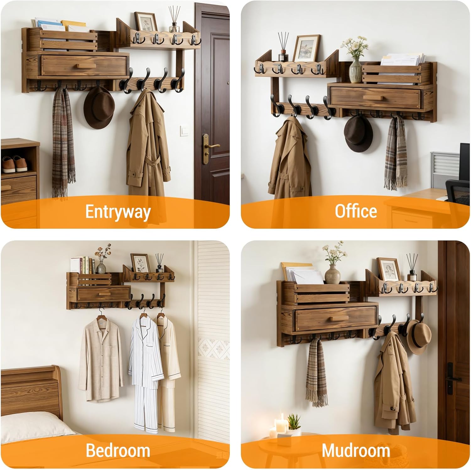 29" Coat Rack Wall Mount with Shelf & Drawer, Heavy Duty Wood Entryway Organizer, Wall Coat Hanger with 12 Metal
