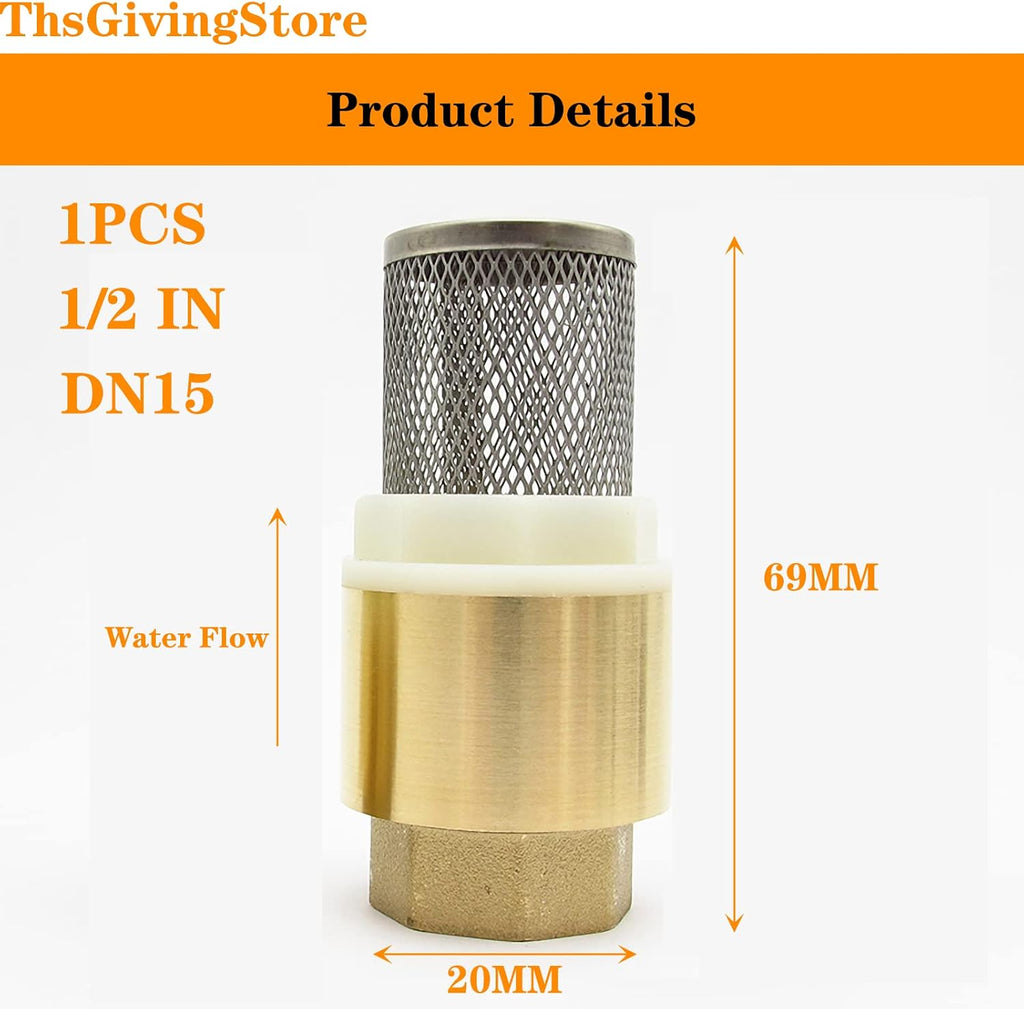 New 1/2" DN15 Female Thread Bottom Valve, Brass one-Way Check Valve, Water Pump Foot Valve with Filter 1PCS (DN15-1/2")