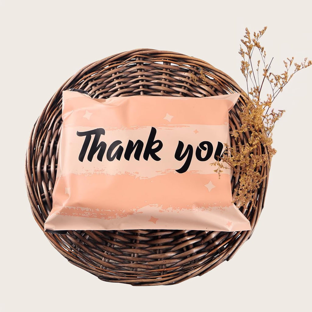 10x13 Inch Poly Mailers, Peach Pink Thank You, 100 Pack Self Sealing