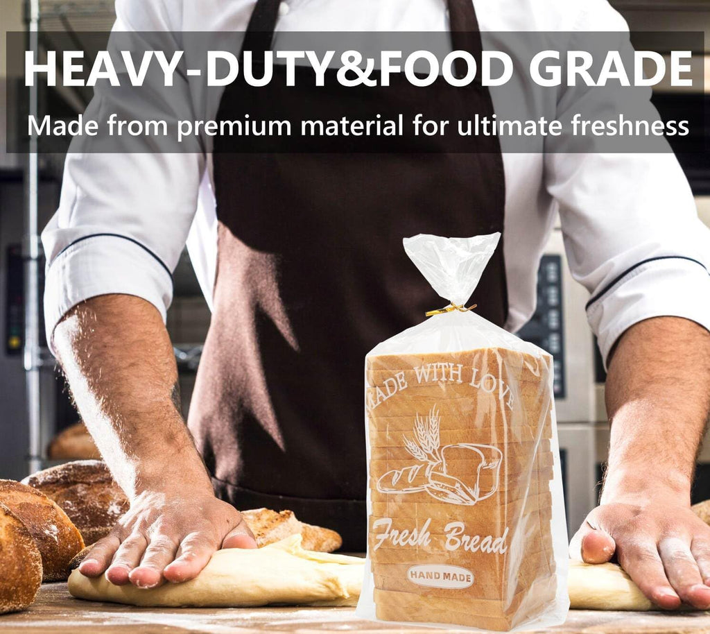 Bread Loaf Packing Bags with Ties, Large Bakery Bread Plastic Bags, 8' x 4' x 18', 100 Pack, Reusable Adjustable