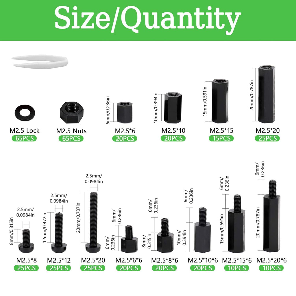 365 Pcs M2.5 Black Nylon Hex Standoff Screw Nut Kit
