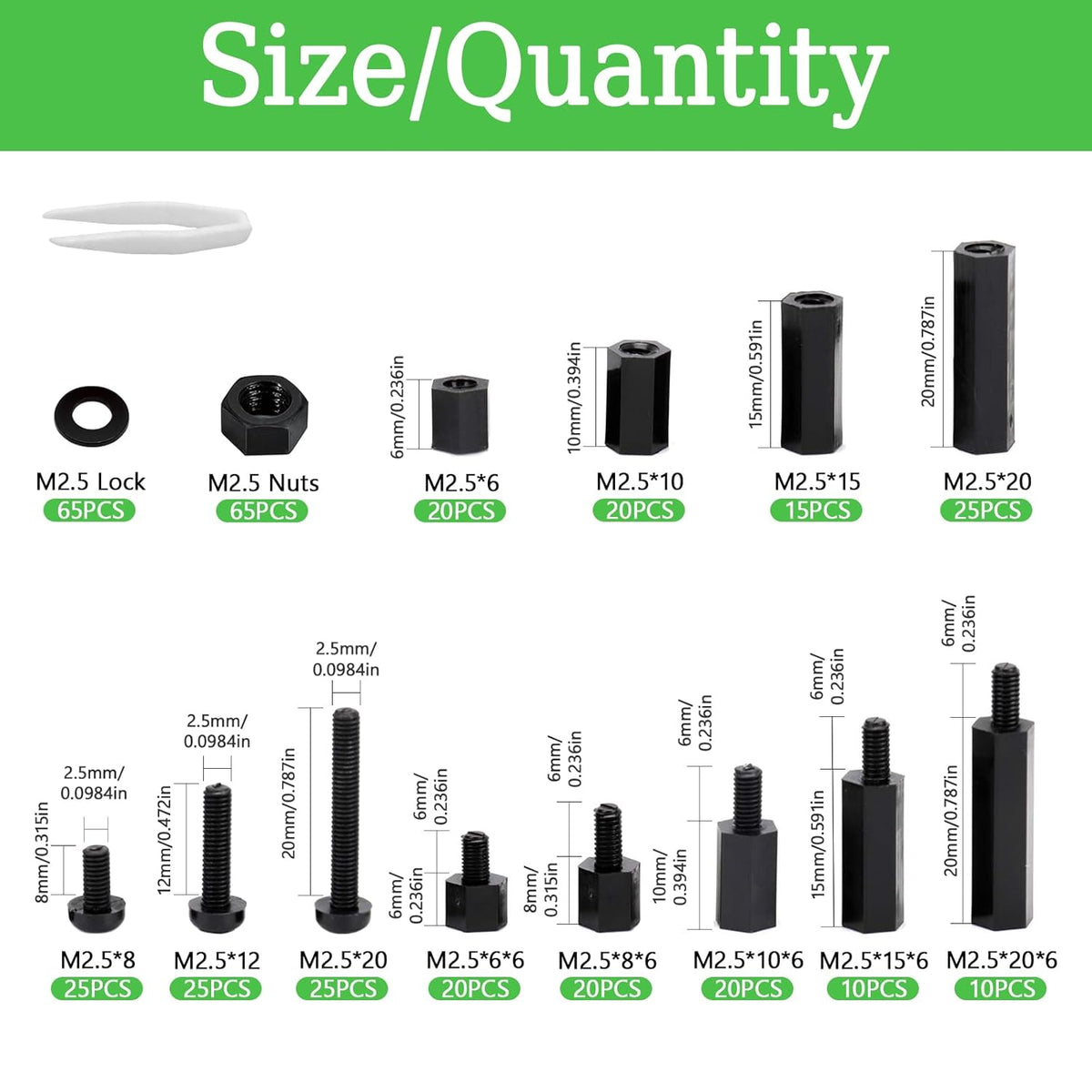 365 Pcs M2.5 Black Nylon Hex Standoff Screw Nut Kit
