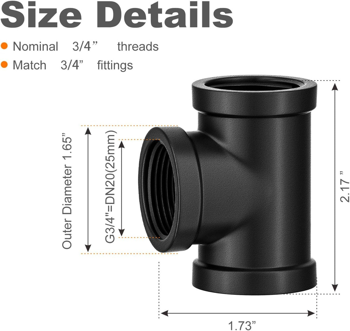 Malleable Nipples Fitting,Pipe Tees,Black,3/4",2-Pack.