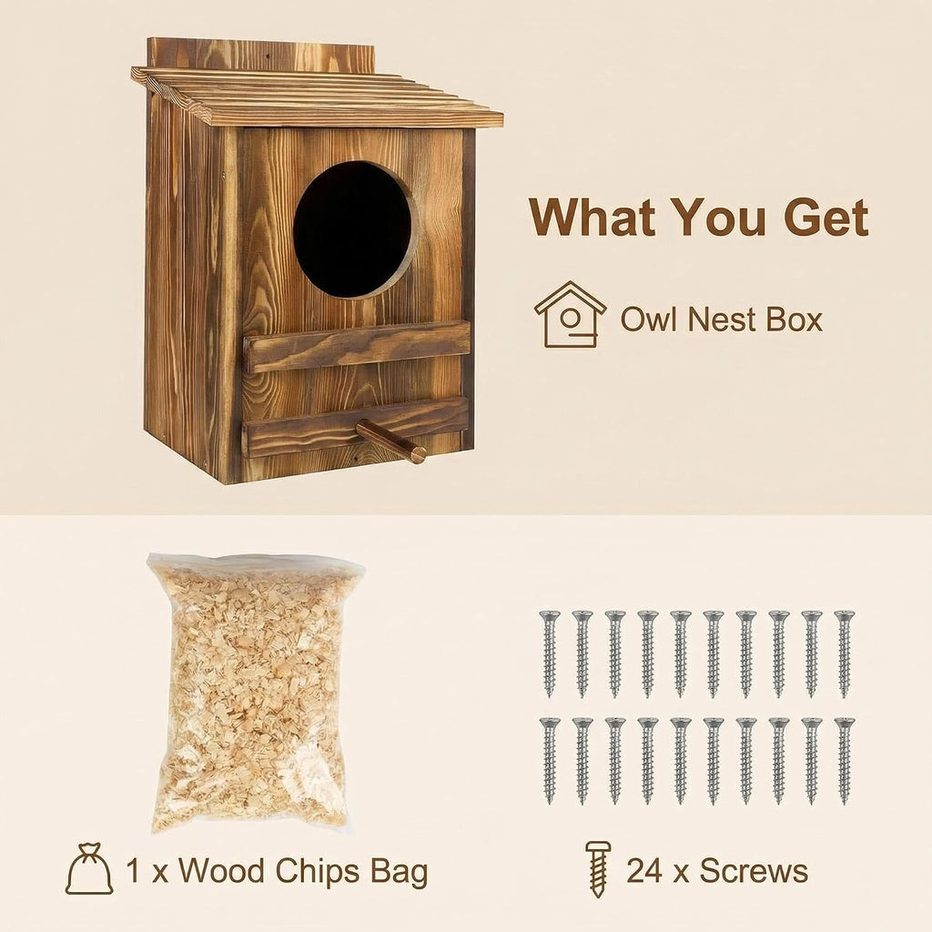 Owl Houses for Outdoors–16"x12"x9.6"Large Carbonized Barred Owl Nesting Box, Waterproof&Ventilated Design