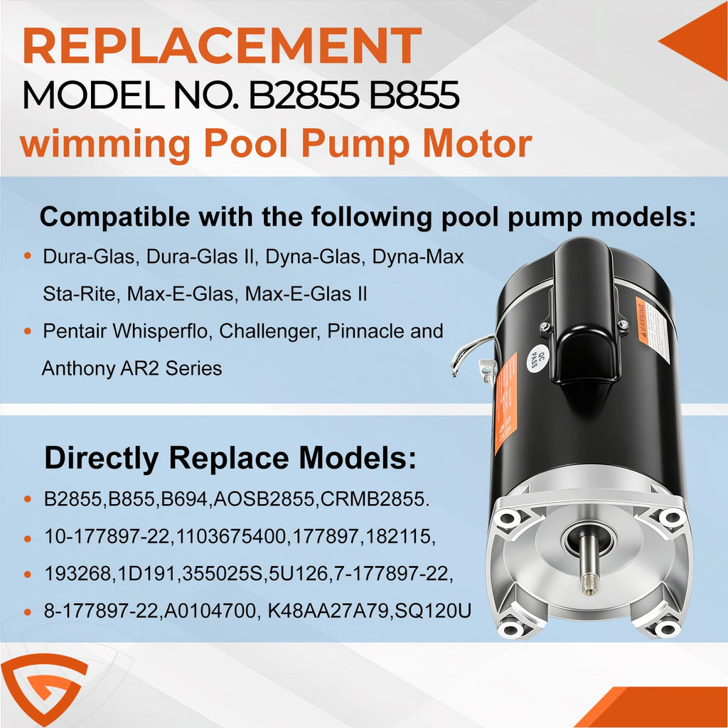 B2855 2HP Pool Pump Motor Replaces AO/Century Smith Regal Beloit B855 Swimming Pool Pump Motors,10A, 230V,3450RPM 1.5KW 56Y Frame 1.1 SF Single Phase Square Flange, Includes Replace Parts