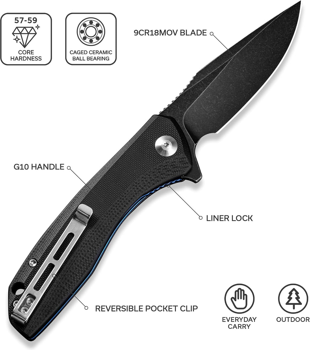 Baklash Folding Pocket Knife, 3.5" Blade G10 Handle C801H | 9Cr18MoV Steel, Reversible Clip, Liner Lock