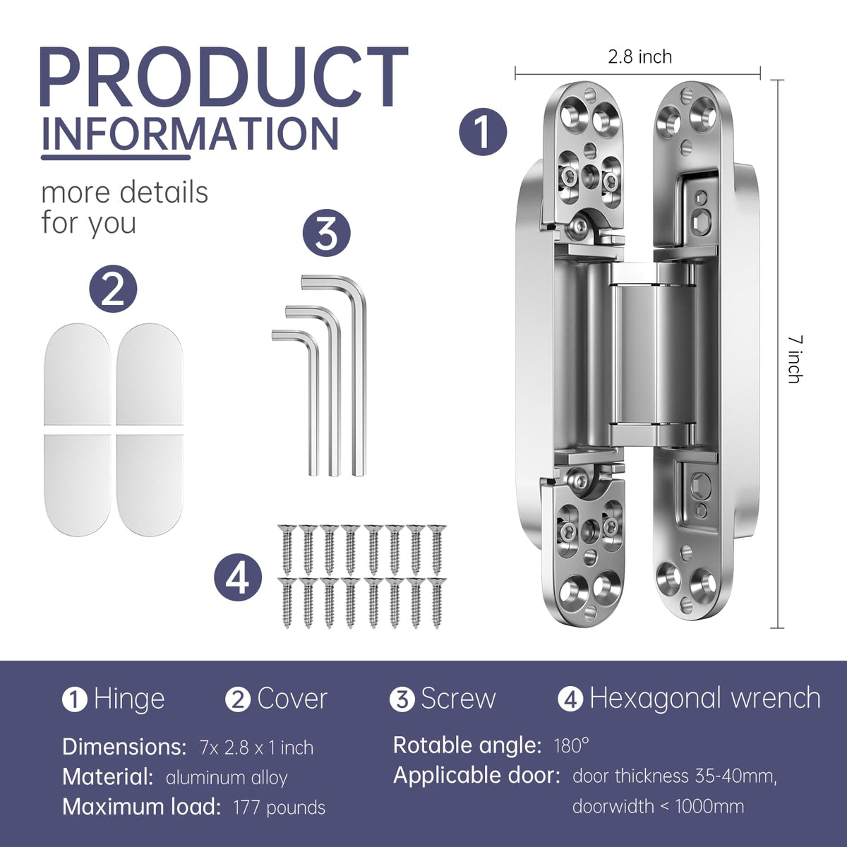 2PCS 7'' Invisible Concealed Door Hinges 180 Degree Swing Hinge (Silver)