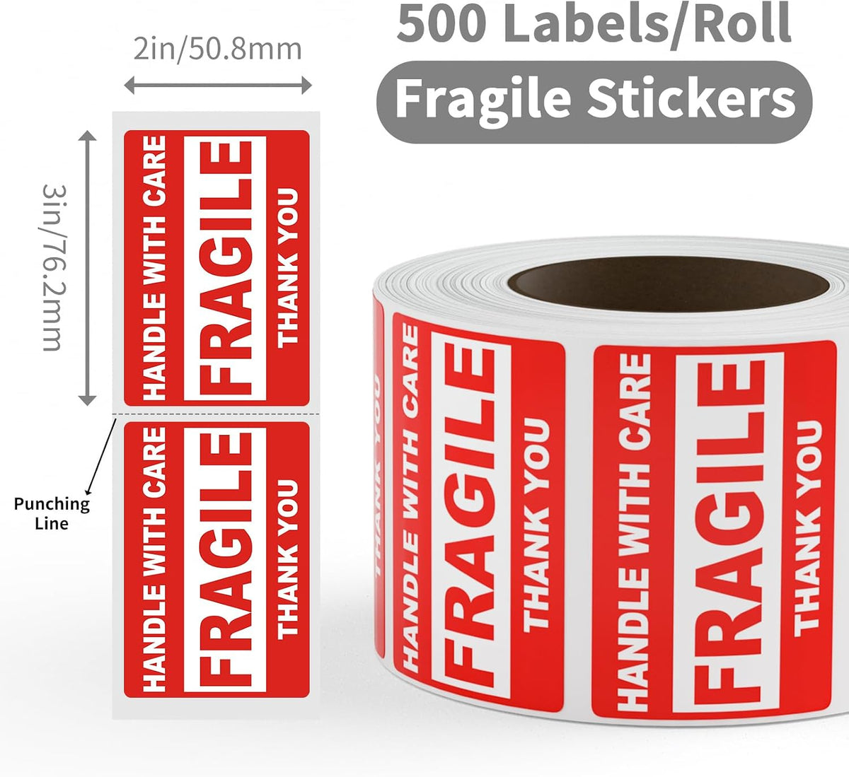 2'' x 3'' Fragile Stickers, 500 Labels/Roll, 4 Rolls
