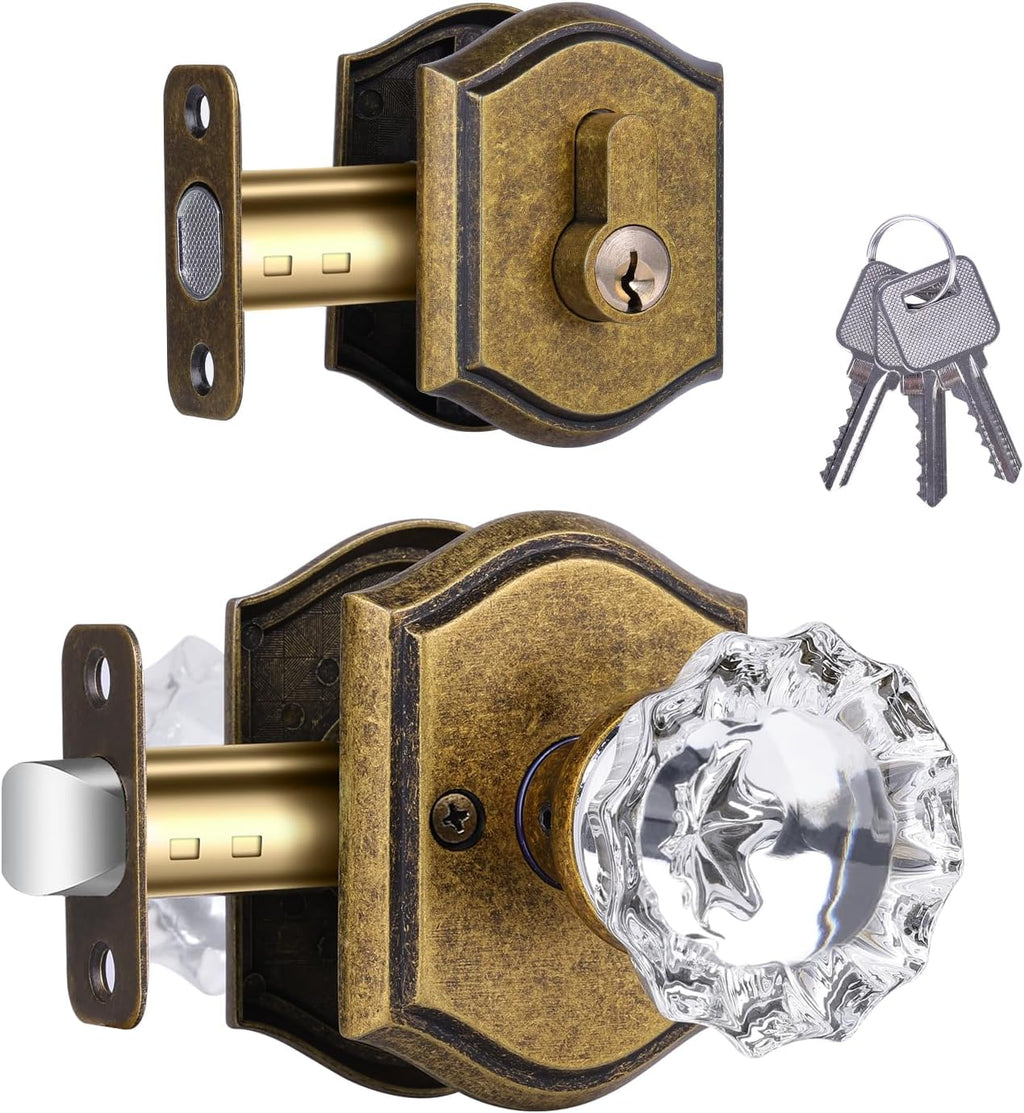 Crystal Glass Passage Door Knob and Single Cylinder Deadbolt Combo Set, Antique Brass Finish, Keyed Alike