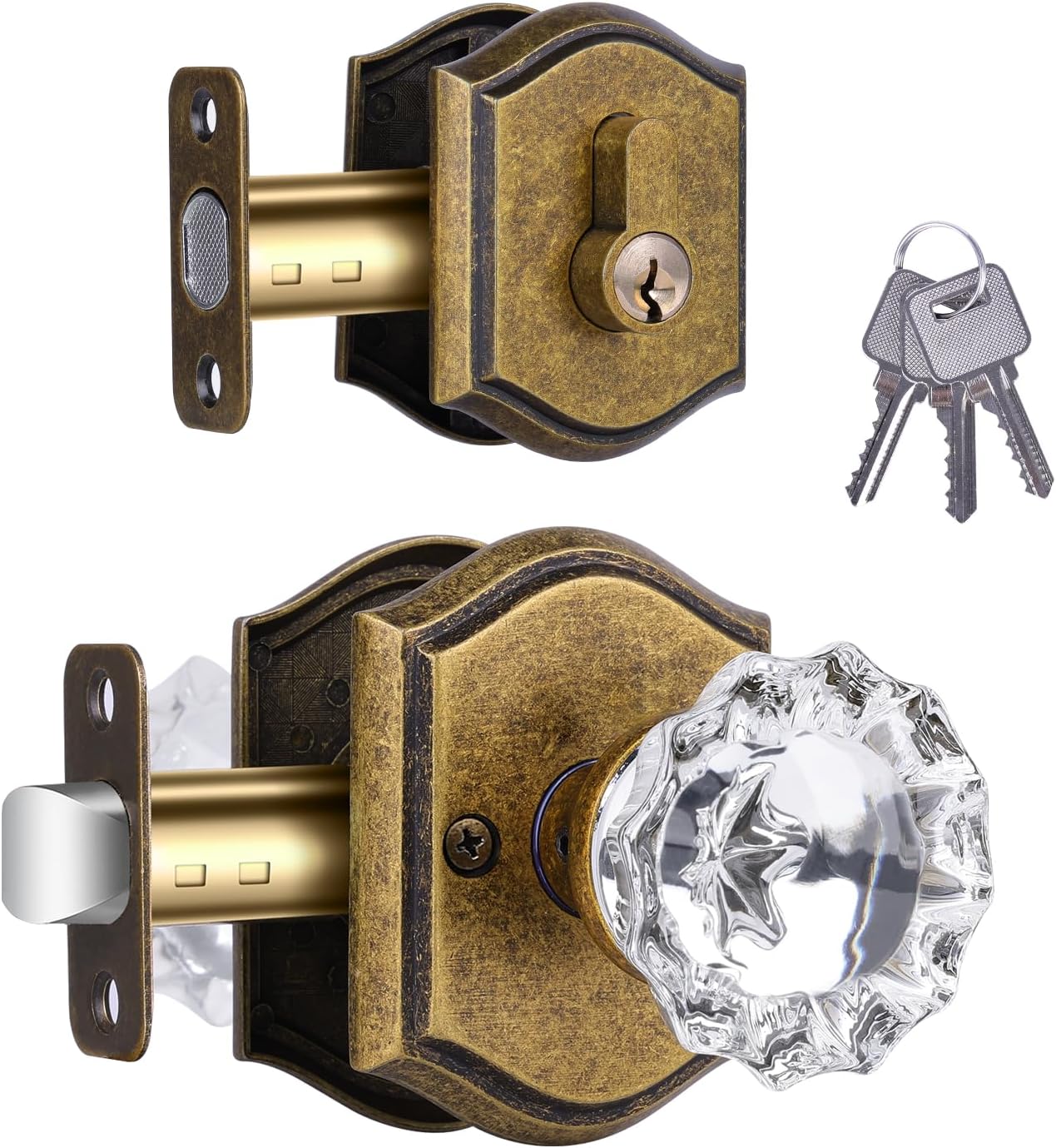 Crystal Glass Passage Door Knob and Single Cylinder Deadbolt Combo Set, Antique Brass Finish, Keyed Alike