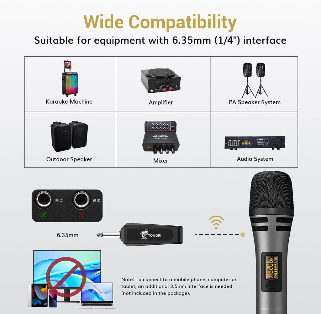 Wireless Microphone, UHF Karaoke Microphone System, Microfonos Inalambricos with Rechargeable Receiver, Cordless