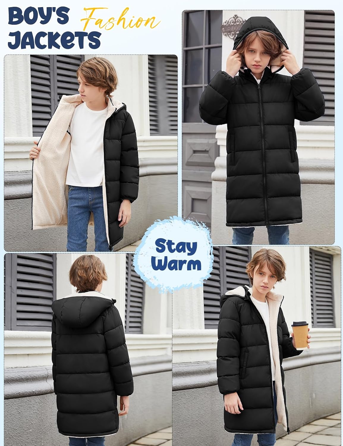 Boys Winter Coat Sherpa Lined Puffer Jacket For Kids Ages 6-15 | Long hooded design, windproof & water repellent