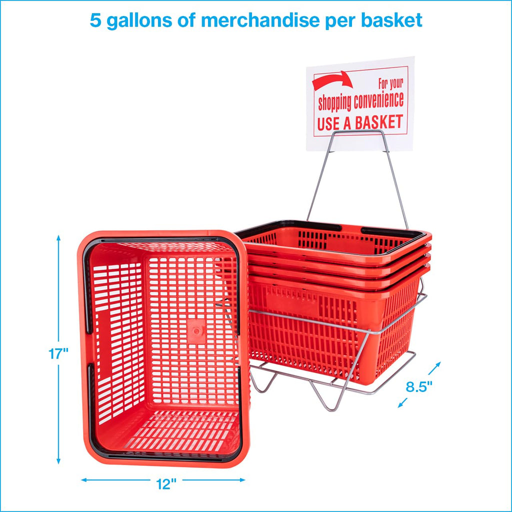 Red Shopping Baskets With Stand - Set of 12 - Basket Dimension 8-1/2"H x 12"W x 17"L - Perfect for Retail, Thrift