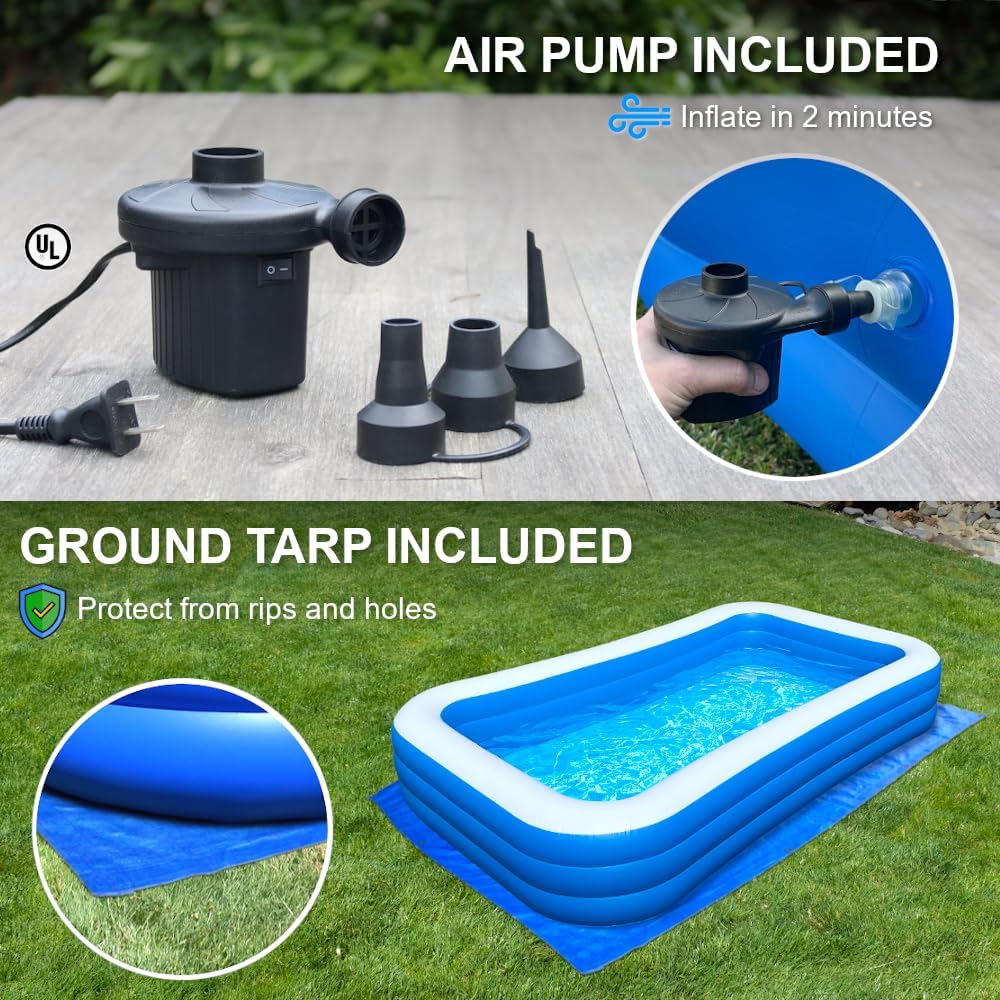 Inflatable Pool Bundle - 10ft x 6ft - Electric Pump and Ground Tarp Included - Fast Setup and Reinforced Seams