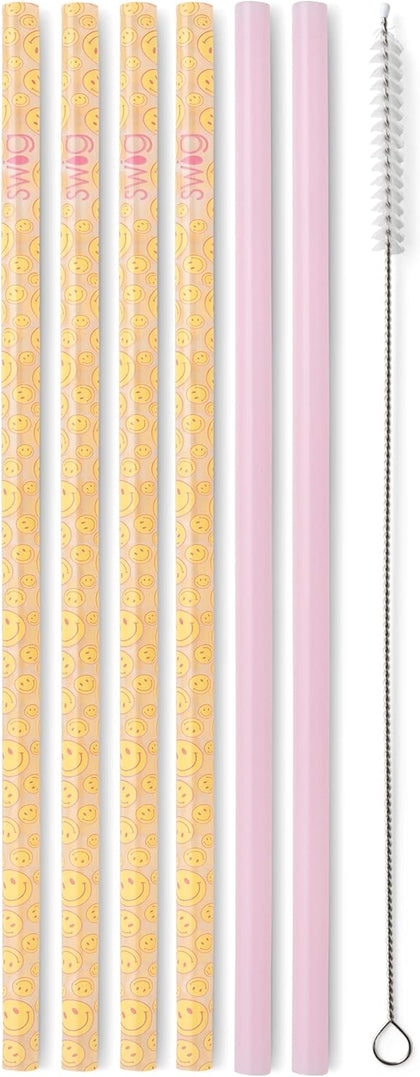 Reusable Straw Set with Cleaning Brush, Oh Happy Day + Pink | Reusable Straw Set - Cleaning Brush Included - 14 Inch