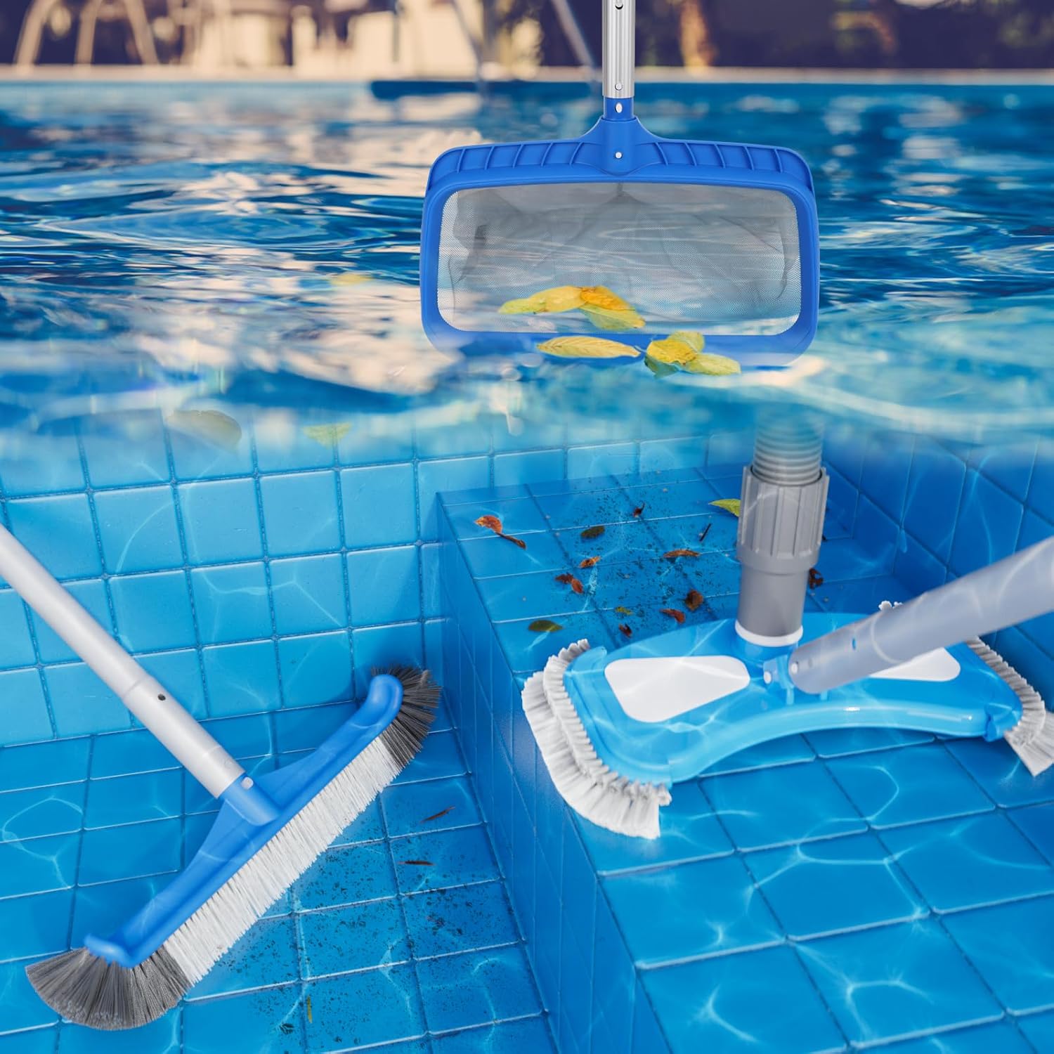 3-in-1 TidyMister Pool Cleaning Kit – Deep Grabber Pool Net, 17.5" Scrub Brush,Weighted Vacuum Head for Leaves, Algae