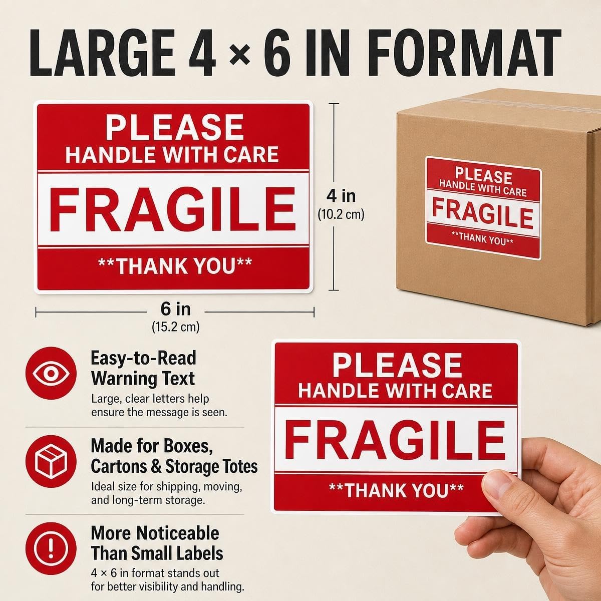 Fragile Stickers 4x6 Inch, Warning Labels for Moving, Packaging, Shipping