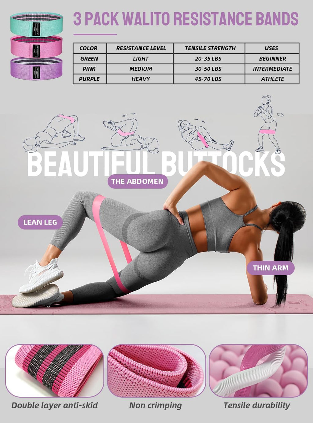 1/3 Yoga Mat Thick, Yoga Set for Beginners Include High Density Mat with Multi-loops Strap, Blocks, Booty Resistance