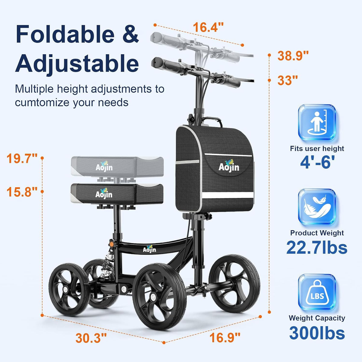 Knee Scooter for Adults for Foot Injuries, Storage Bag, 8'' Wheels