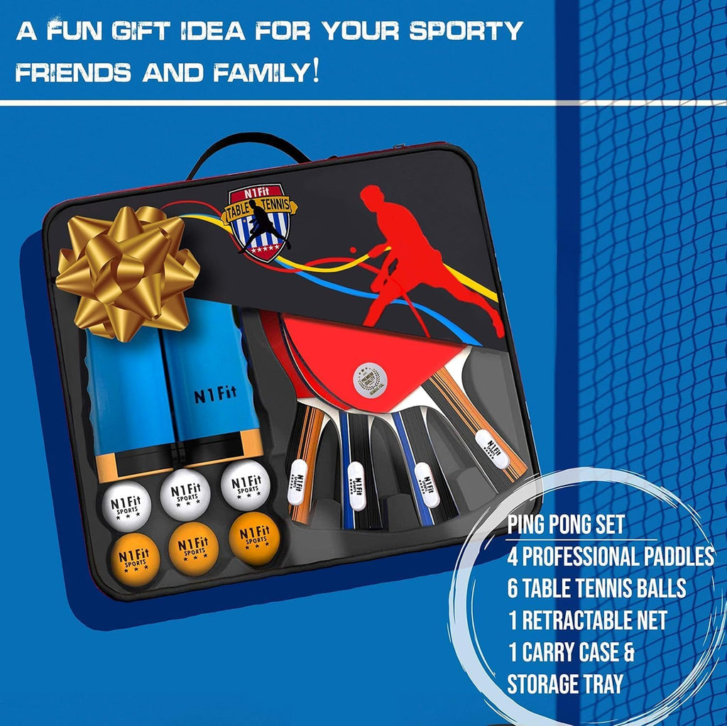 Ping Pong Paddle Set - 4 Professional Rackets, Retractable Net, 6 Pig Pong Balls, Carry Case - Indoor and Outdoor