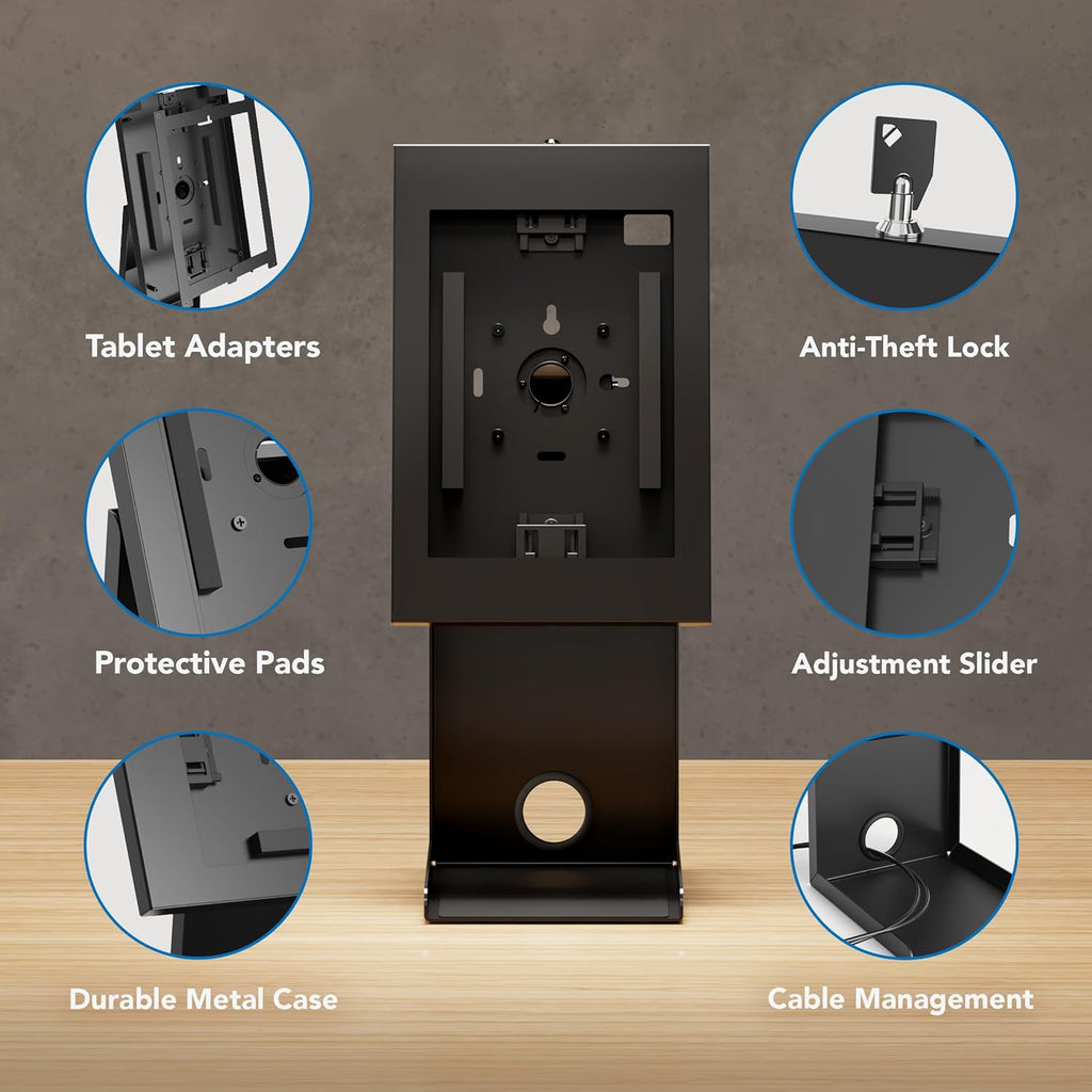 iPad Kiosk Stand with Printer Shelf, Locking Anti-Theft, Black | Tablet POS Stand for Countertop Checkout, 90°
