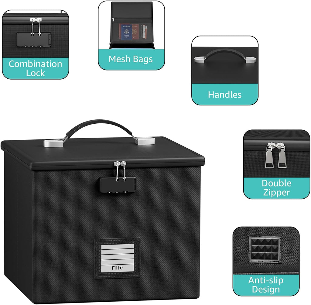 Fire Proof File Box for Documents - Portable Fireproof Document Organizer Box with Handle Waterproof Safe Locking