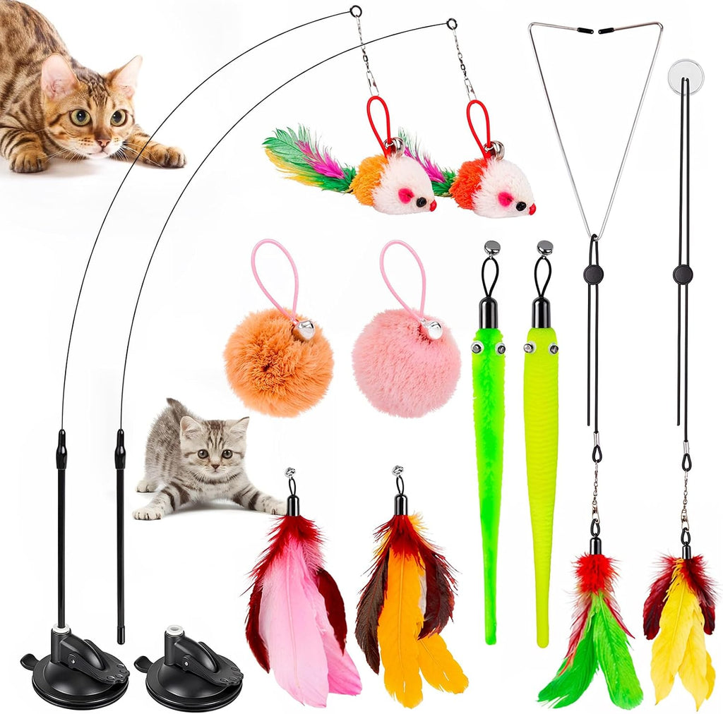 Cat Toys, 2 Pack 3 in 1 Interactive Cat Toy for Indoor Cats with Sticky Super Suction Cup Detachable 10 Pcs