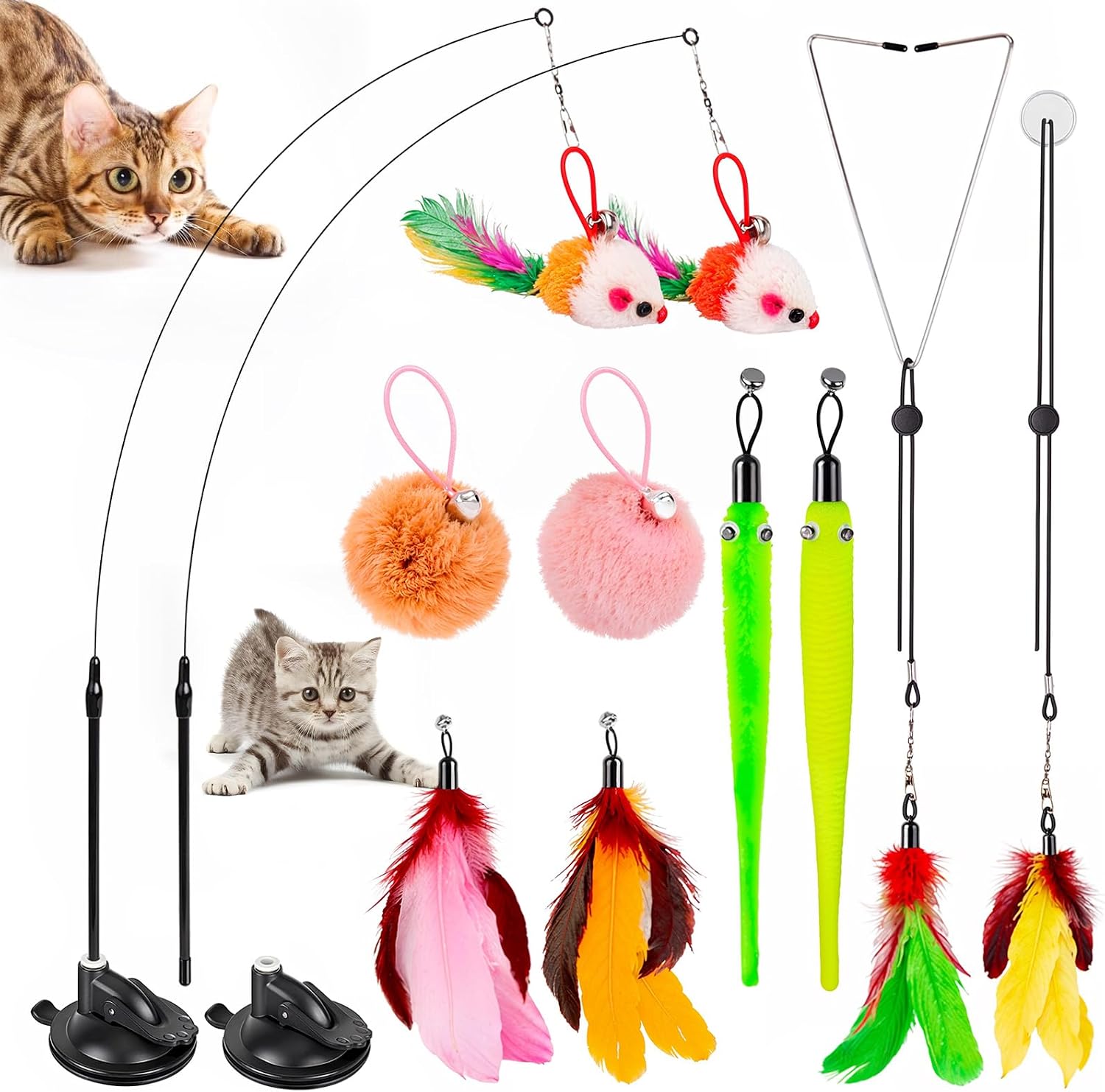 Cat Toys, 2 Pack 3 in 1 Interactive Cat Toy for Indoor Cats with Sticky Super Suction Cup Detachable 10 Pcs
