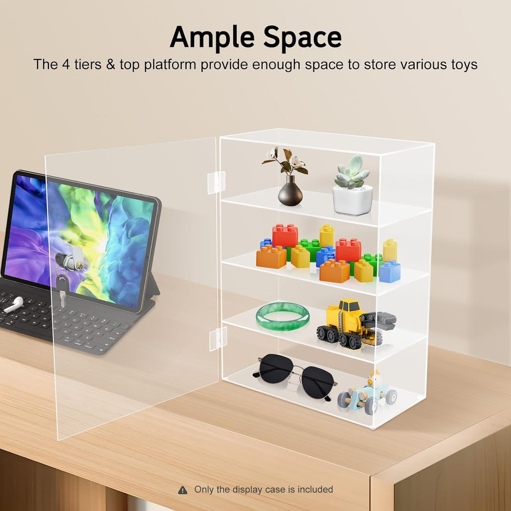 Acrylic Display Case with Lock, 4-Tier Locking Display Cabinet for Collectibles, Clear Countertop Showcase with Key