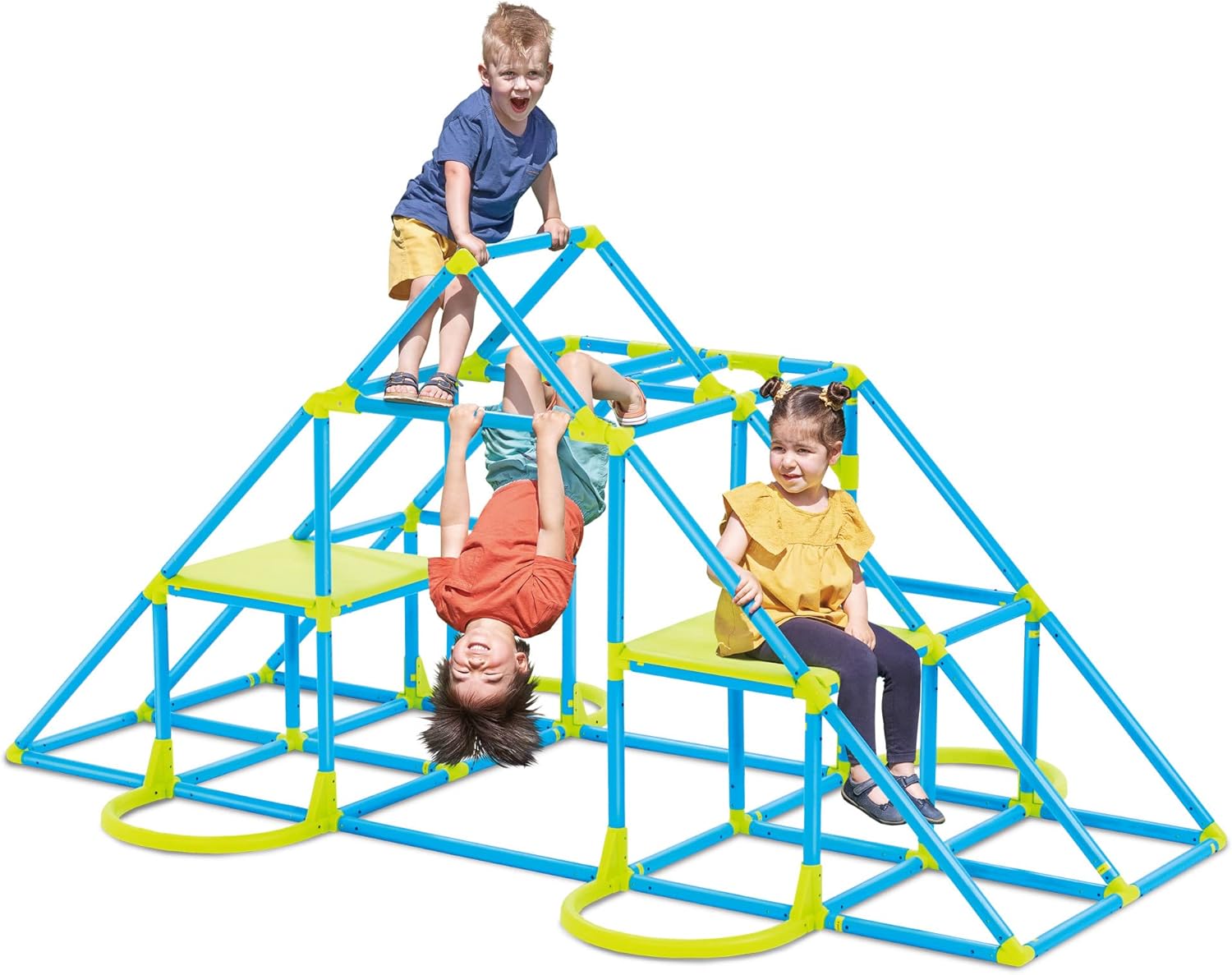 Mega Pyramid Monkey Bars Climbing Tower Active Outdoor Fun for Kids Ages 3 to 8 Years Old, Blue/Green