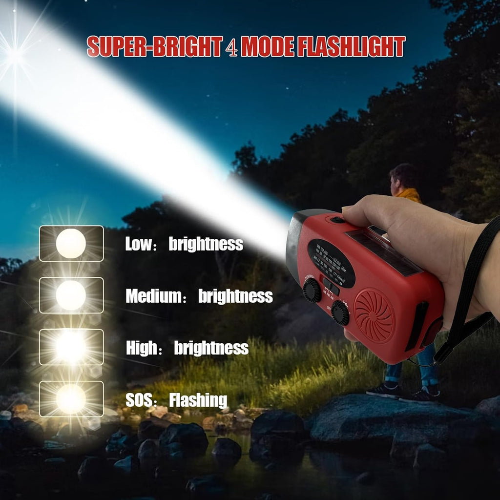 Solar Hand Crank NOAA Weather Radio, AM/FM, 2000mAh Charger, Light, SOS | 7400mWh Emergency USB phone charge, 3 LED